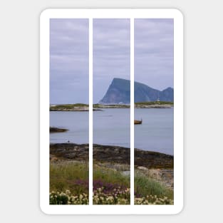 Wonderful landscapes in Norway. Nordland. Beautiful scenery of a boat and a lighthouse on the Sommaroya island. Sea, seagulls and mountain in the background (vertical) Sticker